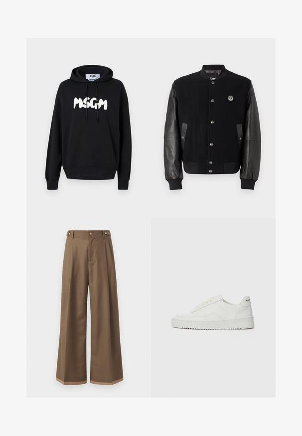 Black varsity jacket with wool body and leather sleeves. Features snap buttons, two side pockets, and a logo patch on the chest.; Black cotton hoodie featuring a front pocket, adjustable drawstrings, and a large white "MSGM" logo on the chest. Soft texture.; Wide-leg trousers in a dark brown fabric, featuring two side pockets, two decorative front buttons, and a contrast hem detail.; White leather sneaker with a smooth finish, round toe, flat laces, and a textured sole. Features a subtle logo on the heel.