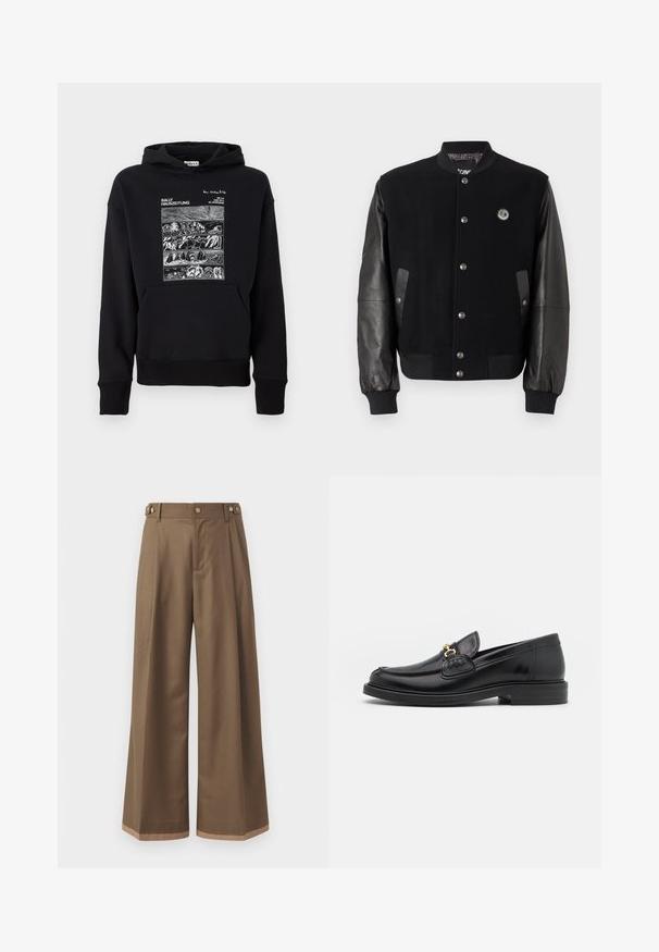 Giacca varsity nera con corpo in lana e maniche in pelle. Presenta bottoni a pressione, due tasche laterali e un'etichetta con logo sul petto.; Felpa nera con cappuccio e grafica bianca frontale che mostra quattro pannelli orizzontali di scene naturali, testo "BALLY HAUSZEITUNG," e tasca a canguro.; Pantaloni a gamba larga in un tessuto marrone scuro, con due tasche laterali, due bottoni decorativi frontali e un dettaglio a contrasto all'orlo.; Mocassini in pelle nera con punta rotonda, dotati di accentuazione in metallo dorato e dettagli di cucitura, posizionati su una suola in gomma testurizzata bassa.