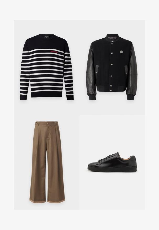 Schwarze Collegejacke mit Wollkörper und Lederärmeln. Verfügt über Druckknöpfe, zwei seitliche Taschen und ein Logo-Patch auf der Brust.; Marineblau-weiß gestreifter Pullover mit Rundhalsausschnitt, der ein rotes "DSQUARED2"-Logo auf der linken Brust trägt. Weicher Strickstoff.; Weite Beinkleider aus einem dunkelbraunen Stoff, mit zwei Seiten Taschen, zwei dekorativen vorderen Knöpfen und einem kontrastierenden Saumdetail.; Schwarze Ledersneaker mit einer glatten Oberfläche, runder Zehenpartie und schwarzen Schnürsenkeln. Verfügt über ein minimalistisches Branding an der Ferse und eine Gummisohle.
