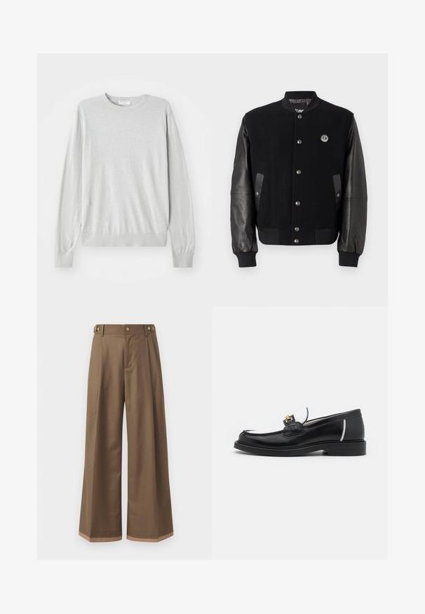 Black varsity jacket with wool body and leather sleeves. Features snap buttons, two side pockets, and a logo patch on the chest.; Light gray knit sweater featuring long sleeves, a round neckline, and ribbed cuffs and hem. Made from a soft, smooth material.; Wide-leg trousers in a dark brown fabric, featuring two side pockets, two decorative front buttons, and a contrast hem detail.; Black leather loafer with a rounded toe, white accents, and gold hardware on the vamp. Features a textured patch and stacked heel.
