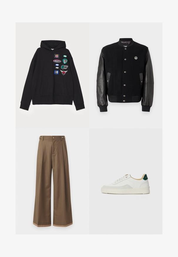 Fekete egyetemi dzseki gyapjús testtel és bőr ujjakkal. Kaponás gombokkal, két oldalsó zsebbel és logóval ellátott folttal a mellkason.; Fekete kapucnis pulóver, nagy elülső zsebbel, bordázott mandzsettákkal és különböző színű és mintájú hímzett foltokkal.; Sötétbarna anyagú, bővített szárú nadrág, két oldalsó zsebbel, két díszítő elülső gombbal és kontrasztos szegérrésszel.; Fehér sneaker suédé részletekkel, kerek orral, lapos fűzőkkel és krémszínű gumitalppal. Zöld logó található a sarkán.