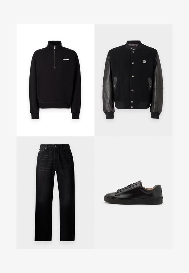 Melnā universitātes jakā ar vilnas ķermeni un ādas piedurknēm. Iekļauj snap pogas, divas sānu kabatas un logo uzplecu uz krūtīm.; Melnas apģērbu mētelis ar rāvējslēdzēju, izgatavots no kokvilnas maisījuma auduma, ar augstu apkakli, garām piedurknēm un logo detaļu priekšpusē.; Melnas taisnās kājas džinsu bikses, kas izgatavotas no džinsa auduma ar izbalējušu tekstūru, piecu kabatu dizains un metāla pogas aizdare jostasvietā.; Melnas ādas sporta apavi ar gludu virsmu, apaļu purngalu un melnām auklām. Iezīmē minimālu zīmolu uz papēža un gumijas zoli.