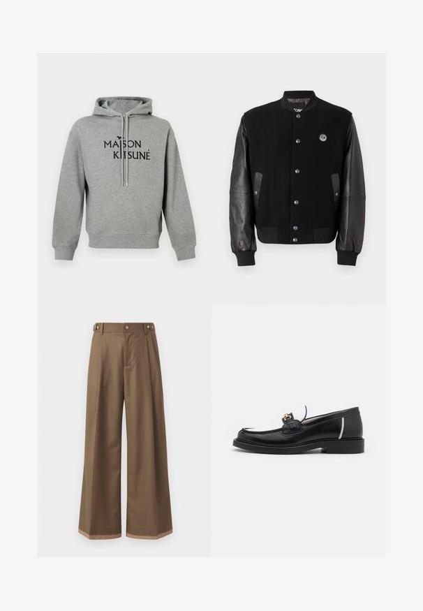 Jachetă universitară neagră cu corp din lână și mâneci din piele. Prezintă nasturi tip snap, două buzunare laterale și un patch cu logo pe piept.; Hanorac gri dintr-un material moale, cu o buzunar tip kangaroo în față, șnururi pentru ajustare și un logo negru "MAISON KITSUNÉ" însoțit de o mică pictogramă a unei vulpi.; Pantaloni largi dintr- о țesătură maro închis, prevăzuți cu două buzunare laterale, două butoane decorative în față și un detaliu de tiv în contrast.; Mocasin din piele neagră cu vârful rotund, accente albe și detalii din aur pe partea superioară. Prezintă o pată texturată și un toc stratificat.