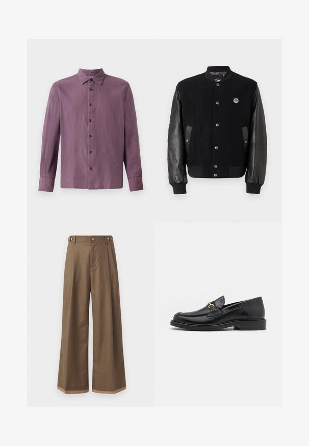 Black varsity jacket with wool body and leather sleeves. Features snap buttons, two side pockets, and a logo patch on the chest.; Long-sleeve shirt in light purple fabric, featuring a button-up front with black buttons and a classic collar. Smooth texture, straight cut.; Wide-leg trousers in a dark brown fabric, featuring two side pockets, two decorative front buttons, and a contrast hem detail.; Black leather loafers with a rounded toe, featuring gold hardware accent and stitching detail, set on a low, textured rubber sole.