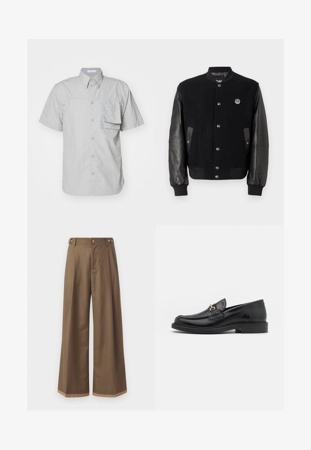 Schwarze Collegejacke mit Wollkörper und Lederärmeln. Verfügt über Druckknöpfe, zwei seitliche Taschen und ein Logo-Patch auf der Brust.; Kurzarmpoloshirt in hellgrau, mit Knopfverschluss und einer Tasche; aus einem strukturierten Stoff gefertigt; mit klassischem Kragen und Standardknöpfen.; Weite Beinkleider aus einem dunkelbraunen Stoff, mit zwei Seiten Taschen, zwei dekorativen vorderen Knöpfen und einem kontrastierenden Saumdetail.; Schwarze Lederleter mit einer abgerundeten Zehenpartie, ausgestattet mit goldenen Hardwareakzenten und Stichdetails, auf einer niedrigen, strukturierten Gummisohle.