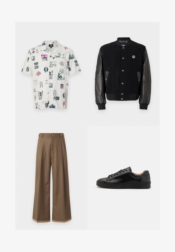 Mustaga varsity-jakk, millel on villane keha ja nahkvarrukad. Omab nööpe, kahte külgtaskut ja logo paika rinnal.; Lühikese varrukaga särk helesandis, millel on mitmevärvilised graafilised trükised, mis sisaldavad erinevaid ikoone, mustreid ja disaine; lõdva lõikega ja nööpidega krae.; Laiad sääred tumepruunides pükstes, millel on kaks küljetaskut, kaks dekoratiivset nupukest ees ja kontrastne äärise detail.; Must värvi nahast spordikingad sileda viimistlusega, ümmarguse varbaga ja mustade paeltega. Omab minimaalset brändimist kontsapooles ja kummist tallat.