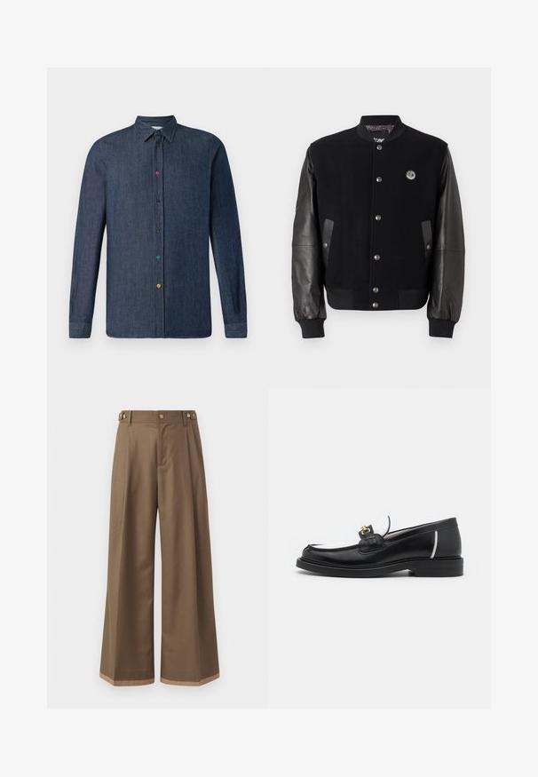 Fekete egyetemi dzseki gyapjús testtel és bőr ujjakkal. Kaponás gombokkal, két oldalsó zsebbel és logóval ellátott folttal a mellkason.; Sötét farmering hosszú ujjal, klasszikus gallérral és élénk, színes gombokkal az elején. Sima textúra.; Sötétbarna anyagú, bővített szárú nadrág, két oldalsó zsebbel, két díszítő elülső gombbal és kontrasztos szegérrésszel.; Fekete bőr mokaszin kerek orral, fehér díszítéssel és arany hardverrel a felsőrészen. Texturált folttal és rétegezett sarokkal rendelkezik.