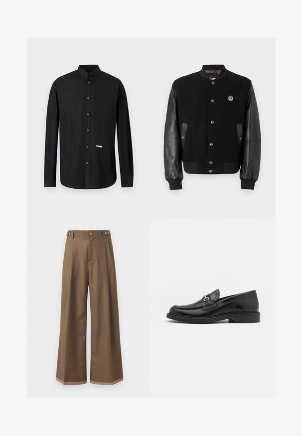 Jachetă universitară neagră cu corp din lână și mâneci din piele. Prezintă nasturi tip snap, două buzunare laterale și un patch cu logo pe piept.; Cămașă neagră cu mâneci lungi, cu nasturi, guler ascuțit și o etichetă mică albă dreptunghiulară în partea de jos dreapta față.; Pantaloni largi dintr- о țesătură maro închis, prevăzuți cu două buzunare laterale, două butoane decorative în față și un detaliu de tiv în contrast.; Loaferi din piele neagră cu vârf rotunjit, dotati cu accente aurii și detalii de cusătură, așezați pe o talpă joasă din cauciuc texturat.