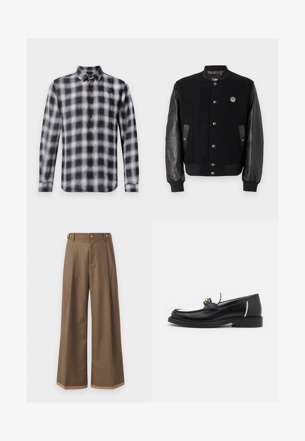 Mustaga varsity-jakk, millel on villane keha ja nahkvarrukad. Omab nööpe, kahte külgtaskut ja logo paika rinnal.; Musta-valge ruuduline särk, pika varrukaga, kraega, kergest kangast pehme tekstuuriga, millel on mustad nööbid.; Laiad sääred tumepruunides pükstes, millel on kaks küljetaskut, kaks dekoratiivset nupukest ees ja kontrastne äärise detail.; Must have must kastanaga sääniga, valgete aktsentide ja kuldsete detailidega. Omab tekstuuriga paika ja kuhjatud kontsa.