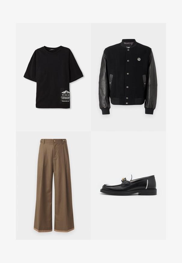 Černá varsity bunda s vlněným tělem a koženými rukávy. Má patentky, dvě boční kapsy a logo na hrudi.; Černé nadměrné tričko vyrobené z bavlny, s krátkými rukávy, kulatým výstřihem a etiketou s bílým textem na postranní náprsní kapse.; Široké kalhoty z tmavě hnědé tkaniny, které mají dvě boční kapsy, dva dekorační přední knoflíky a kontrastní lem.; Černé kožené mokasíny s kulatou špičkou, bílými akcenty a zlatými detaily na nártu. Mají strukturovanou nášivku a vrstvený podpatek.