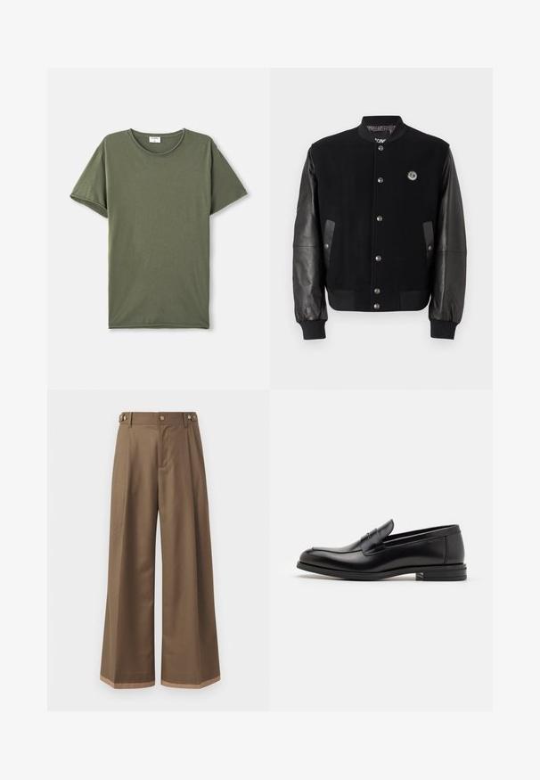 Black varsity jacket with wool body and leather sleeves. Features snap buttons, two side pockets, and a logo patch on the chest.; Plain olive green short-sleeve crew neck T-shirt laid flat on a white background.; Wide-leg trousers in a dark brown fabric, featuring two side pockets, two decorative front buttons, and a contrast hem detail.; Black leather loafers with a smooth texture, rounded toe, and a decorative strap across the vamp. Low stacked heel, minimalist design.