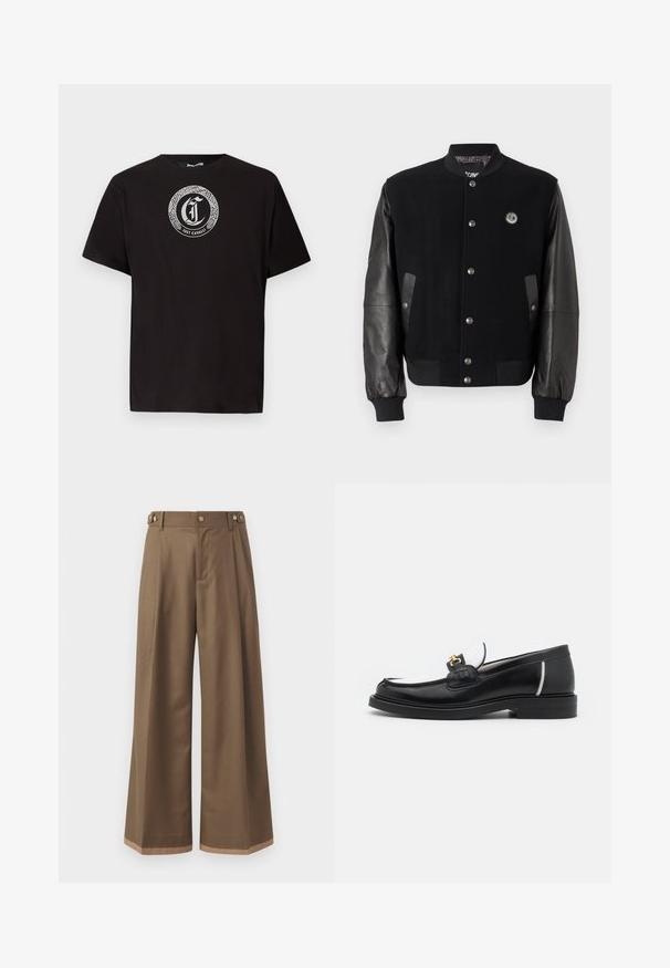 Mustaga varsity-jakk, millel on villane keha ja nahkvarrukad. Omab nööpe, kahte külgtaskut ja logo paika rinnal.; Must mustriga T-särk ümmarguse kaelusega, millel on valge mao ümmargune embleem ja "Just Cavalli" tekst keskendatud rinna piirkonnas.; Laiad sääred tumepruunides pükstes, millel on kaks küljetaskut, kaks dekoratiivset nupukest ees ja kontrastne äärise detail.; Must have must kastanaga sääniga, valgete aktsentide ja kuldsete detailidega. Omab tekstuuriga paika ja kuhjatud kontsa.