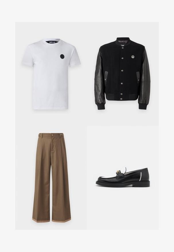 Jachetă universitară neagră cu corp din lână și mâneci din piele. Prezintă nasturi tip snap, două buzunare laterale și un patch cu logo pe piept.; Tricou alb din bumbac, cu un logo negru rotund pe partea stângă a pieptului, guler clasic de tip crew și mâneci scurte. Textură netedă.; Pantaloni largi dintr- о țesătură maro închis, prevăzuți cu două buzunare laterale, două butoane decorative în față și un detaliu de tiv în contrast.; Mocasin din piele neagră cu vârful rotund, accente albe și detalii din aur pe partea superioară. Prezintă o pată texturată și un toc stratificat.