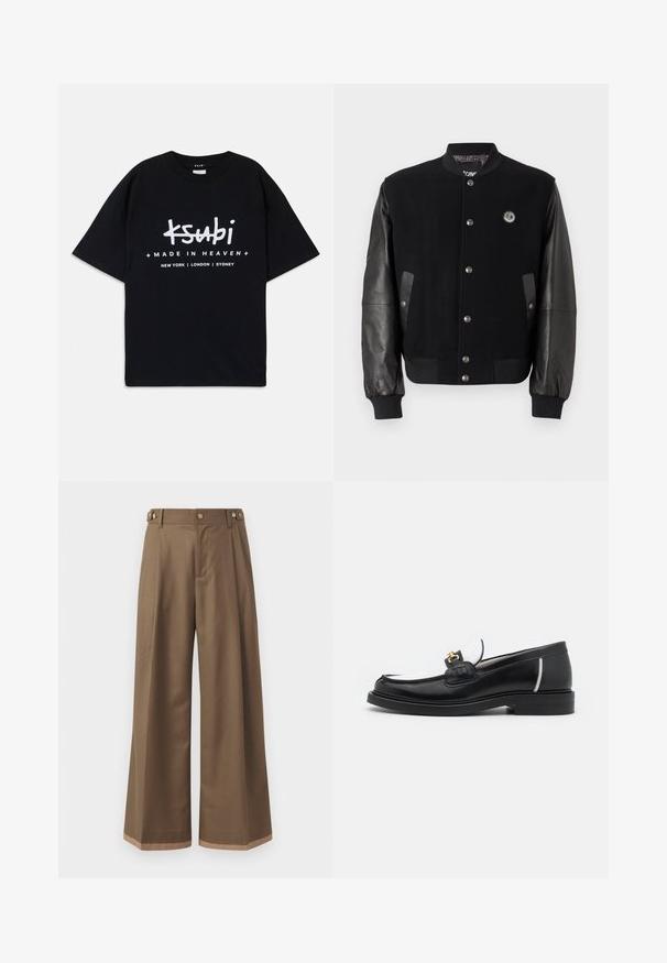 Černá varsity bunda s vlněným tělem a koženými rukávy. Má patentky, dvě boční kapsy a logo na hrudi.; Černé bavlněné tričko s volným střihem. Obsahuje bílé grafické nápisy "ksubi" a "MADE IN HEAVEN" s názvy měst níže. Klasický design s kulatým výstřihem.; Široké kalhoty z tmavě hnědé tkaniny, které mají dvě boční kapsy, dva dekorační přední knoflíky a kontrastní lem.; Černé kožené mokasíny s kulatou špičkou, bílými akcenty a zlatými detaily na nártu. Mají strukturovanou nášivku a vrstvený podpatek.