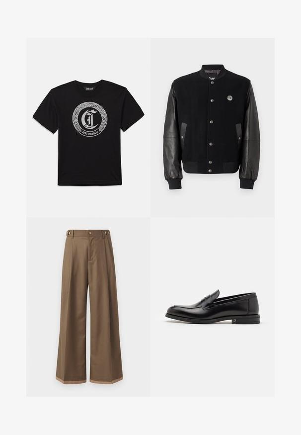 Fekete egyetemi dzseki gyapjús testtel és bőr ujjakkal. Kaponás gombokkal, két oldalsó zsebbel és logóval ellátott folttal a mellkason.; Fekete, rövidujjú póló, kör alakú ezüst kígyó mintával, amely egy gót betűs "J"-t kerít körbe, alatta a "Just Cavalli" felirattal.; Sötétbarna anyagú, bővített szárú nadrág, két oldalsó zsebbel, két díszítő elülső gombbal és kontrasztos szegérrésszel.; Fekete bőr loaferek sima textúrával, kerek orral és dekoratív pánttal a vampnál. Alacsony, rétegelt sarkú, minimalista dizájn.