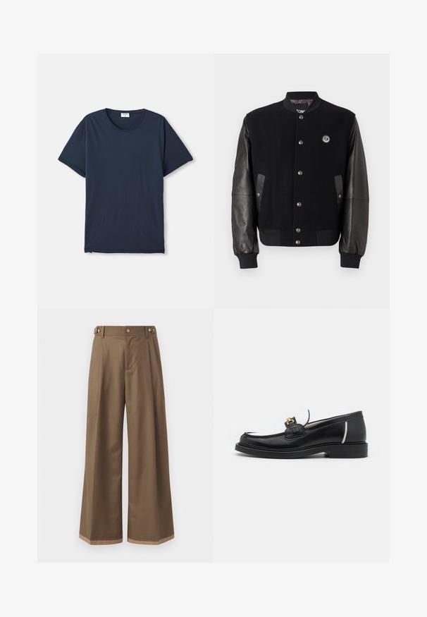 Black varsity jacket with wool body and leather sleeves. Features snap buttons, two side pockets, and a logo patch on the chest.; Navy blue short-sleeve crew neck t-shirt with a small white label inside the collar on a white background.; Wide-leg trousers in a dark brown fabric, featuring two side pockets, two decorative front buttons, and a contrast hem detail.; Black leather loafer with a rounded toe, white accents, and gold hardware on the vamp. Features a textured patch and stacked heel.