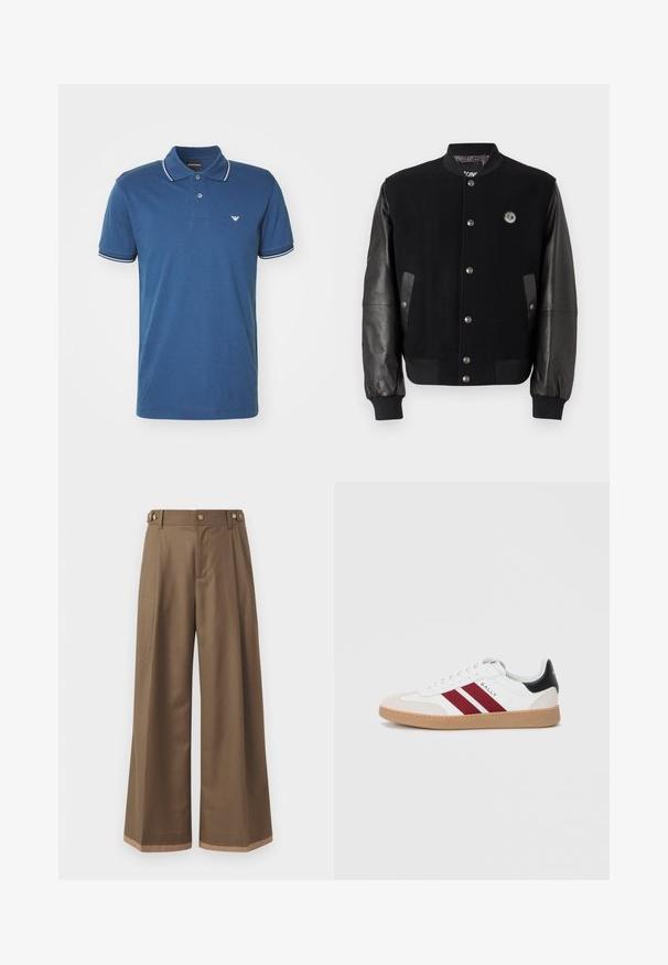 Černá varsity bunda s vlněným tělem a koženými rukávy. Má patentky, dvě boční kapsy a logo na hrudi.; Emporio Armani Polotričko - dark blue; Široké kalhoty z tmavě hnědé tkaniny, které mají dvě boční kapsy, dva dekorační přední knoflíky a kontrastní lem.; Bílé nízké tenisky s dvěma vínovými pruhy, semišovou špičkou a černým detailem na patě, s gumovou podrážkou.