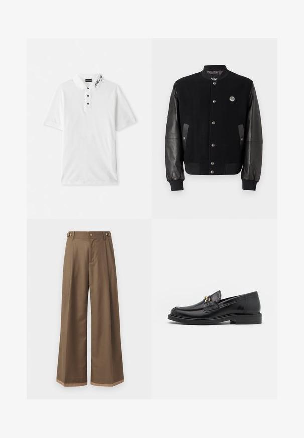 Čierna univerzitná bunda s vlneným telom a koženými rukávmi. Obsahuje cvoky, dve bočné vrecká a nášivku s logom na hrudi.; Biele polo tričko vyrobené z bavlny, s klasickým golierom, trojicou gombíkov na zapínanie s čiernymi gombíkmi a podpisom na golieri.; Široké nohavice z tmavohnedej textílie, s dvoma bočnými vreckami, dvoma dekoračnými prednými gombíkmi a kontrastným detailom na leme.; Čierne kožené loafers so zaoblenou špičkou, s pozlátenými kovovými prvkami a detailným šitím, uložené na nízkej, textúrovanej gumenej podrážke.