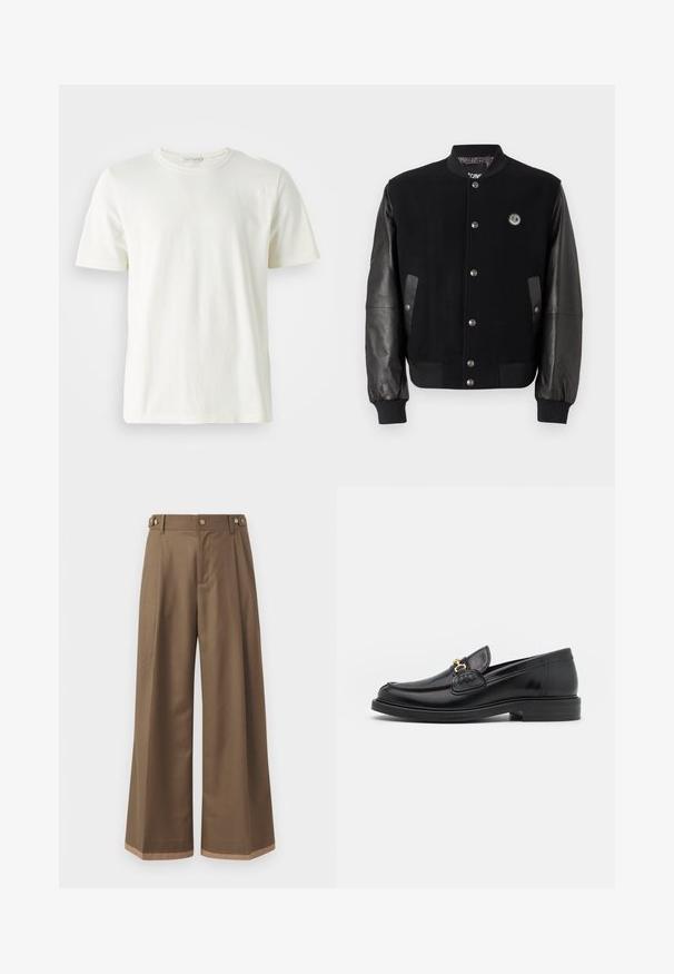 Black varsity jacket with wool body and leather sleeves. Features snap buttons, two side pockets, and a logo patch on the chest.; Light cream cotton t-shirt with a round neck and short sleeves. Smooth texture, simple design, and a relaxed fit. No patterns or accents.; Wide-leg trousers in a dark brown fabric, featuring two side pockets, two decorative front buttons, and a contrast hem detail.; Black leather loafers with a rounded toe, featuring gold hardware accent and stitching detail, set on a low, textured rubber sole.