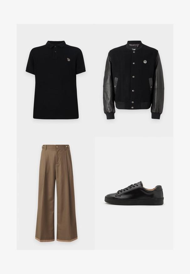 Czarna kurtka varsity z wełnianym korpusem i skórzanymi rękawami. Posiada napy, dwie boczne kieszenie i naszywkę z logo na piersi.; Czarna koszulka polo wykonana z bawełny. Posiada klasyczny kołnierzyk, zapięcie na trzy guziki, krótkie rękawy oraz małe, wielokolorowe haftowane logo.; Spodnie o szerokich nogawkach w ciemno brązowym materiale, z dwiema bocznymi kieszeniami, dwiema dekoracyjnymi guzikami z przodu oraz kontrastowym wykończeniem u dołu.; Czarne skórzane sneakersy o gładkim wykończeniu, okrągłym nosie i czarnych sznurówkach. Posiadają minimalny branding na heelu oraz gumową podeszwę.