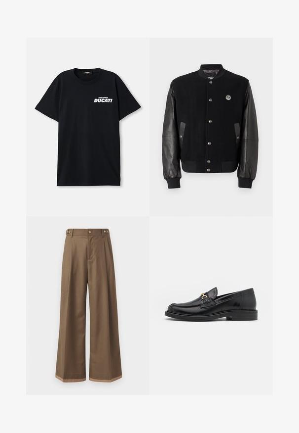 Chaqueta de varsity negra con cuerpo de lana y mangas de cuero. Presenta botones a presión, dos bolsillos laterales y un parche de logo en el pecho.; Camiseta de algodón negra de manga corta, con un logotipo blanco "DSQUARED2 DUCATI" en el lado izquierdo del pecho. Diseño de cuello redondo.; Pantalones de pierna ancha en un tejido marrón oscuro, con dos bolsillos laterales, dos botones decorativos en la parte delantera y un detalle de dobladillo en contraste.; Mocasines de cuero negro con punta redondeada, que cuentan con un detalle de herrajes dorados y costuras, situados sobre una suela de goma texturizada y baja.