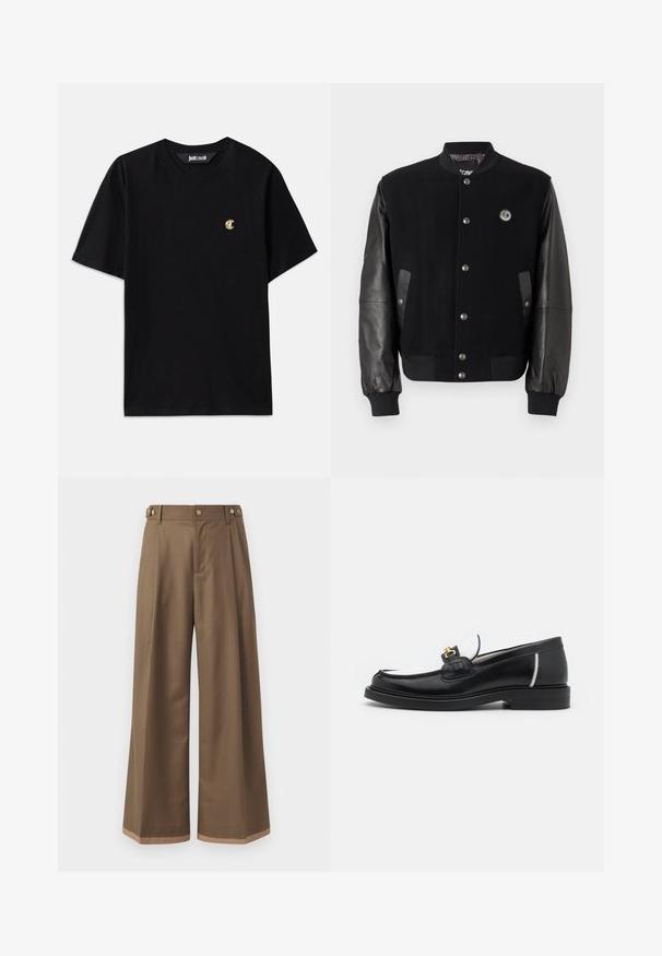 Melnā universitātes jakā ar vilnas ķermeni un ādas piedurknēm. Iekļauj snap pogas, divas sānu kabatas un logo uzplecu uz krūtīm.; Melnas kokvilnas t-krekls ar īsām piedurknēm, apaļu izgriezumu un nelielu zelta "C" logotipu uz krūtīm. Vienkāršs dizains, gluda tekstūra, regulāra piegriezuma.; Plati bikses tumši brūnā audumā, ar divām sānu kabatām, diviem dekoratīviem priekšējiem pogām un kontrastējošu apakšējo malumu detaļu.; Melnas ādas loferes ar noapaļotu purngalu, baltajiem akcentiem un zeltainām detaļām uz vamp. Iespējams, teksturēts pleksis un sakrauta papēža.