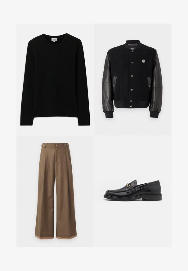 Black varsity jacket with wool body and leather sleeves. Features snap buttons, two side pockets, and a logo patch on the chest.; Black long-sleeve ribbed knit shirt with crew neck, labeled Paul & Joe Paris, size medium, displayed on a white background.; Wide-leg trousers in a dark brown fabric, featuring two side pockets, two decorative front buttons, and a contrast hem detail.; Black leather loafers with a rounded toe, featuring gold hardware accent and stitching detail, set on a low, textured rubber sole.