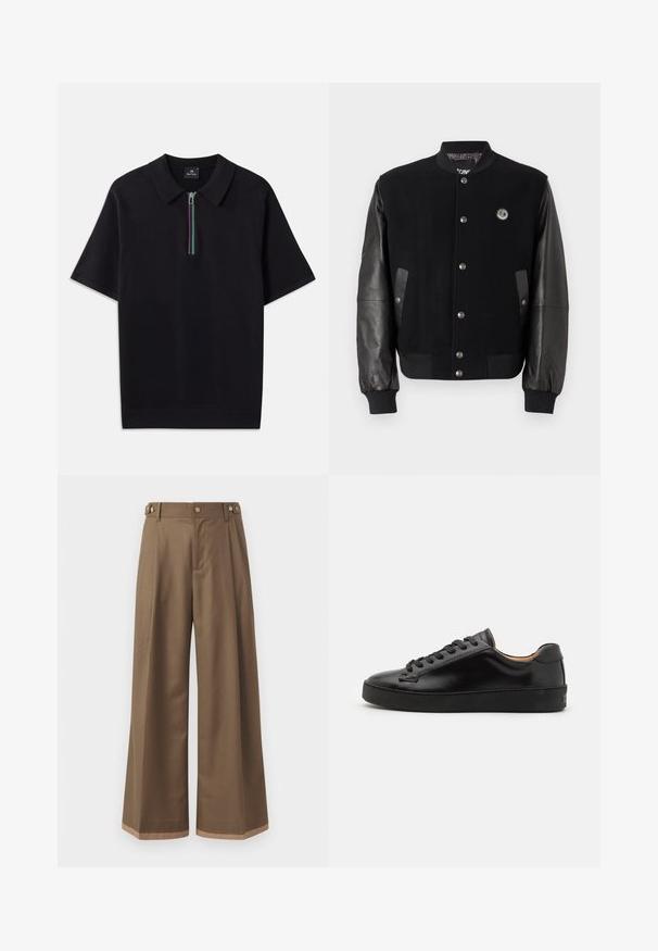 Juodas universiteto tipo švarkas su vilnoniu kūnu ir odinėmis rankovėmis. Yra užsegimai su snapais, dvi šoninės kišenės ir logotipas ant krūtinės.; Juodas trumpų rankovių polo marškinėliai su užtrauktuku ant apykaklės, puoštas daugiaspalve juostele. Pagaminti iš lygaus audinio su prigludusia forma.; Plati kelnės tamsiai rudos spalvos audinys, su dviem šoninėmis kišenėmis, dviem dekoratyviniais priekinias mygtukais ir kontrastingu apdaila apačioje.; Juodas odinis sportinis batelis su lygiu paviršiumi, apvaliu bato pirštu ir juodomis raištelėmis. Yra minimalus prekės ženklas ant kulno ir guminis padas.