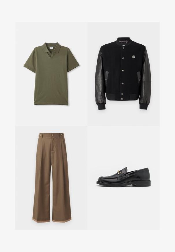 Melnā universitātes jakā ar vilnas ķermeni un ādas piedurknēm. Iekļauj snap pogas, divas sānu kabatas un logo uzplecu uz krūtīm.; Oluļa zaļš polo krekls, kas izgatavots no gludas kokvilnas. Tam ir klasiskā apkakle un īsas piedurknes. Minimālistisks dizains bez rakstiem vai akcents.; Plati bikses tumši brūnā audumā, ar divām sānu kabatām, diviem dekoratīviem priekšējiem pogām un kontrastējošu apakšējo malumu detaļu.; Melnas ādas loafers ar noapaļotu degunu, ar zelta aparatūras akcentu un šuvju detaļām, uz zemas, teksturētas gumijas zoles.