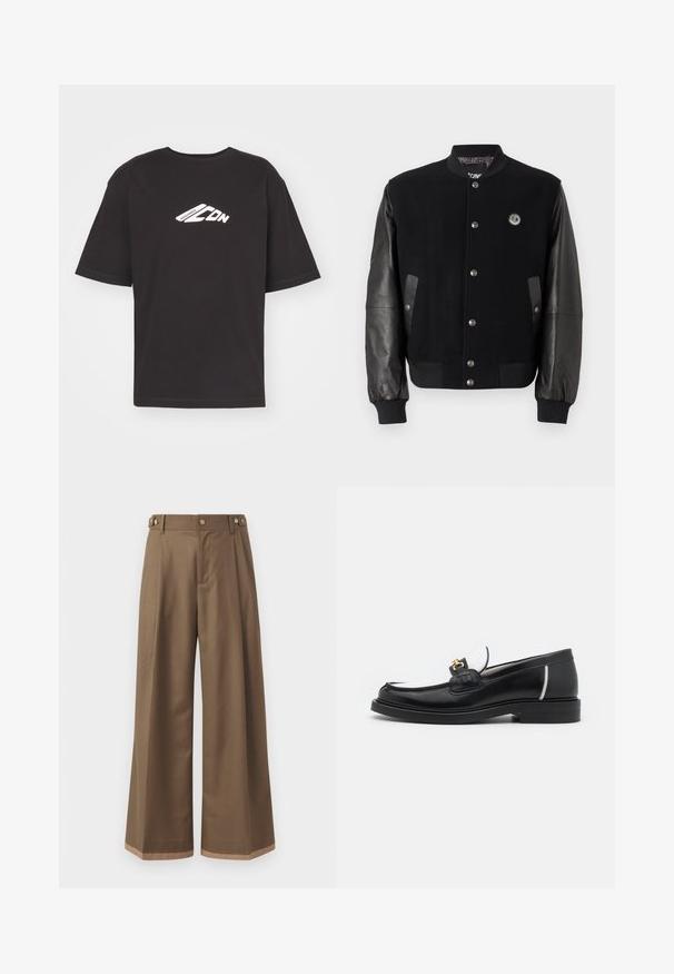 Černá varsity bunda s vlněným tělem a koženými rukávy. Má patentky, dvě boční kapsy a logo na hrudi.; Černé tričko s krátkým rukávem z bavlny, se bílým grafickým logem na přední straně, kulatým výstřihem a přímým lemem.; Široké kalhoty z tmavě hnědé tkaniny, které mají dvě boční kapsy, dva dekorační přední knoflíky a kontrastní lem.; Černé kožené mokasíny s kulatou špičkou, bílými akcenty a zlatými detaily na nártu. Mají strukturovanou nášivku a vrstvený podpatek.