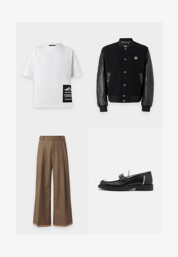 Juodas universiteto tipo švarkas su vilnoniu kūnu ir odinėmis rankovėmis. Yra užsegimai su snapais, dvi šoninės kišenės ir logotipas ant krūtinės.; Balta medvilninė marškinėlių su apvalia iškirpte, trumpomis rankovėmis ir juodu lipduku, kuriame yra logotipas ir tekstas apatinėje dešinėje pusėje.; Plati kelnės tamsiai rudos spalvos audinys, su dviem šoninėmis kišenėmis, dviem dekoratyviniais priekinias mygtukais ir kontrastingu apdaila apačioje.; Juodas odinis loaferis su apvaliu pirštu, baltomis detalėmis ir auksinėmis detalėmis ant priekinės dalies. Turi tekstūruotą detalę ir sluoksniuotą kulną.