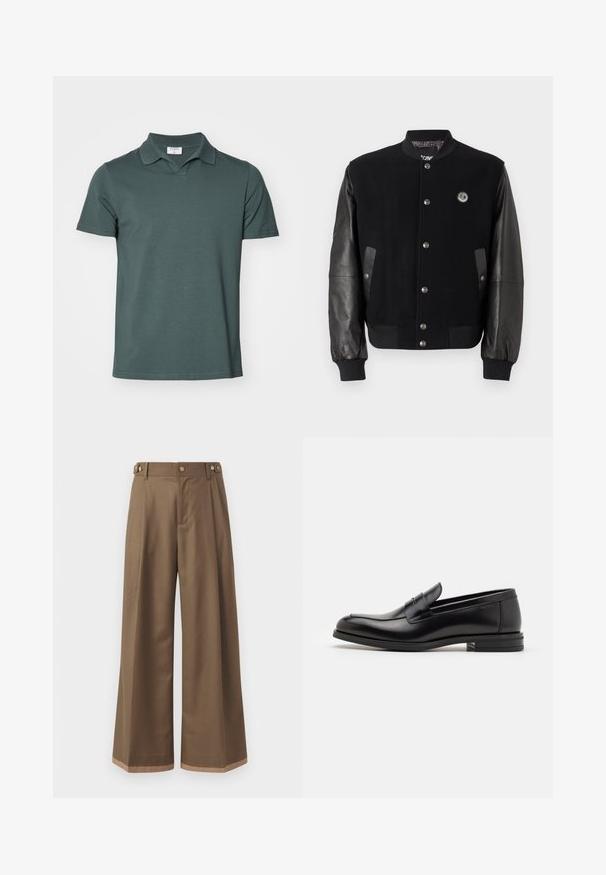 Melnā universitātes jakā ar vilnas ķermeni un ādas piedurknēm. Iekļauj snap pogas, divas sānu kabatas un logo uzplecu uz krūtīm.; Filippa K Polo krekls - dark green grey; Plati bikses tumši brūnā audumā, ar divām sānu kabatām, diviem dekoratīviem priekšējiem pogām un kontrastējošu apakšējo malumu detaļu.; Melnas ādas kurpes ar gludu tekstūru, noapaļu purngalu un dekoratīvu siksniņu pāri priekšpusei. Zems sakrauts papēdis, minimālisma dizains.