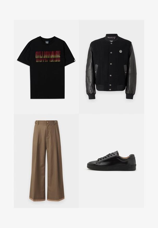 Veste de varsity noire avec un corps en laine et des manches en cuir. Elle présente des boutons pression, deux poches latérales et un écusson de logo sur la poitrine.; T-shirt en coton noir à manches courtes avec le texte "BILLIONAIRE BOYS CLUB" en dégradé multicolore et un motif texturé.; Pantalons à larges jambes en tissu marron foncé, avec deux poches latérales, deux boutons décoratifs à l'avant et un détail de ourlet contrastant.; Baskets en cuir noir avec une finition lisse, bout arrondi et lacets noirs. Présente un branding minimal sur le talon et une semelle en caoutchouc.