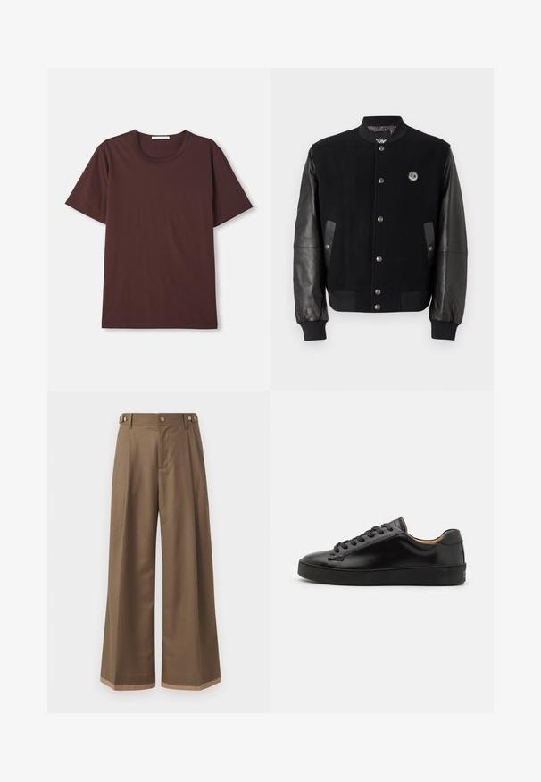 Mustaga varsity-jakk, millel on villane keha ja nahkvarrukad. Omab nööpe, kahte külgtaskut ja logo paika rinnal.; Tumed burgundia lühikeste varrukatega T-särk, mis on valmistatud pehmest puuvillast. Omab ümmargust kaelust ja vabamat lõiget, ilma nähtavate mustrite või tarvikuteta.; Laiad sääred tumepruunides pükstes, millel on kaks küljetaskut, kaks dekoratiivset nupukest ees ja kontrastne äärise detail.; Must värvi nahast spordikingad sileda viimistlusega, ümmarguse varbaga ja mustade paeltega. Omab minimaalset brändimist kontsapooles ja kummist tallat.