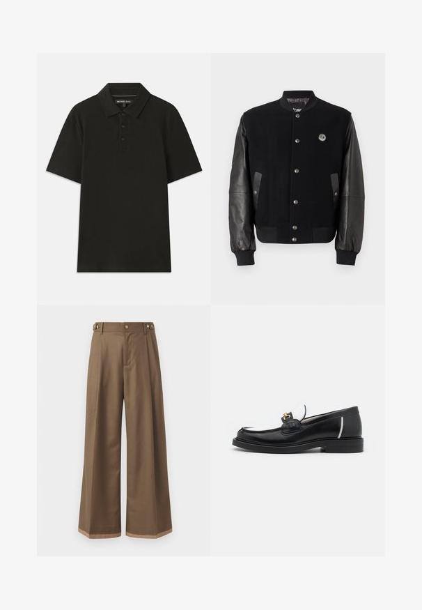 Czarna kurtka varsity z wełnianym korpusem i skórzanymi rękawami. Posiada napy, dwie boczne kieszenie i naszywkę z logo na piersi.; Czarna koszulka polo wykonana z teksturowanej tkaniny. Posiada trzy guziki z przodu i standardowy kołnierzyk. Krótkie rękawy i prosty dół.; Spodnie o szerokich nogawkach w ciemno brązowym materiale, z dwiema bocznymi kieszeniami, dwiema dekoracyjnymi guzikami z przodu oraz kontrastowym wykończeniem u dołu.; Czarne skórzane mokasyny z zaokrąglonym noskiem, białymi akcentami i złotymi elementami na wierzchu. Posiadają teksturowaną łatkę i piętę złożoną.