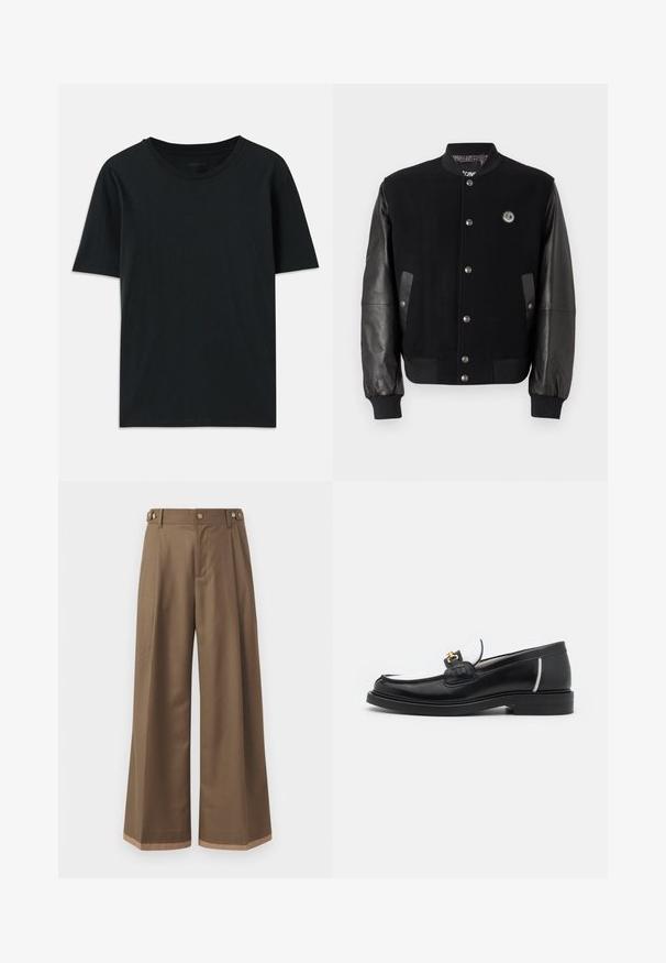 Black varsity jacket with wool body and leather sleeves. Features snap buttons, two side pockets, and a logo patch on the chest.; Black short-sleeve t-shirt made of soft fabric, featuring a crew neckline and a relaxed fit. Simple design with no visible patterns or accents.; Wide-leg trousers in a dark brown fabric, featuring two side pockets, two decorative front buttons, and a contrast hem detail.; Black leather loafer with a rounded toe, white accents, and gold hardware on the vamp. Features a textured patch and stacked heel.