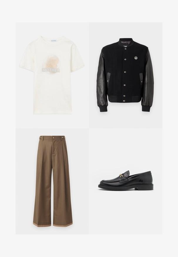 Fekete egyetemi dzseki gyapjús testtel és bőr ujjakkal. Kaponás gombokkal, két oldalsó zsebbel és logóval ellátott folttal a mellkason.; Fakó fehér, rövid ujjú póló, melyen egy gyermek profilja látható, alul pedig a "MAMA" szó van nyomtatva.; Sötétbarna anyagú, bővített szárú nadrág, két oldalsó zsebbel, két díszítő elülső gombbal és kontrasztos szegérrésszel.; Fekete bőr loaferek, lekerekített orral, aranyszínű fémrész és varrási részletek díszítik, alacsony, strukturált gumitalpon.