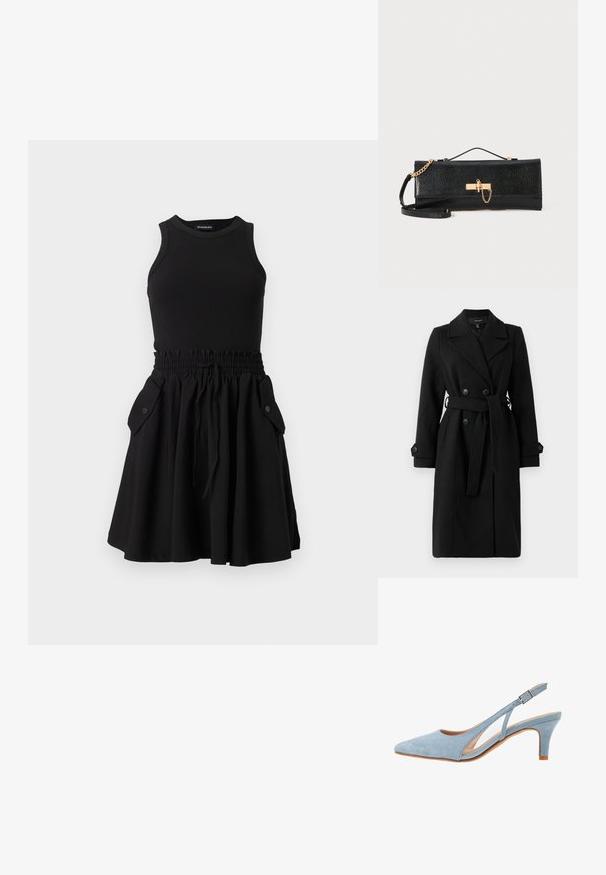 Black double-breasted coat with a belt, made of textured fabric, featuring notched lapels and buttoned cuffs. Front pockets included.; Black sleeveless dress with a ribbed top and a flared skirt. Features an elastic waistband and two side pockets with buttons.; Light blue suede slingback heel, pointed toe, adjustable ankle strap with metal buckle, natural beige insole, and low heel.; Black clutch bag with a textured finish, gold chain strap, and a clasp closure. Rectangular shape with a sleek, minimalistic design.