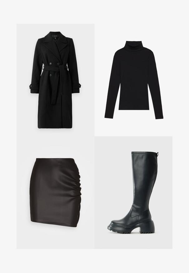 Manteau noir croisé avec ceinture, fabriqué en tissu texturé, doté de revers crantés et de poignet boutonné. Poches avant incluses.; Haut à manches longues noir à col roulé, fabriqué en tissu côtelé, présente un design ajusté avec un col haut et sans motifs ni accents.; Jupe mini noire en matériau synthétique lisse, dotée de détails froncés sur un côté et d'une silhouette ajustée.; Botte en cuir noir haute avec semelle plateforme épaisse et talon carré, dotée d'une languette et d'un motif texturé sur la semelle extérieure.