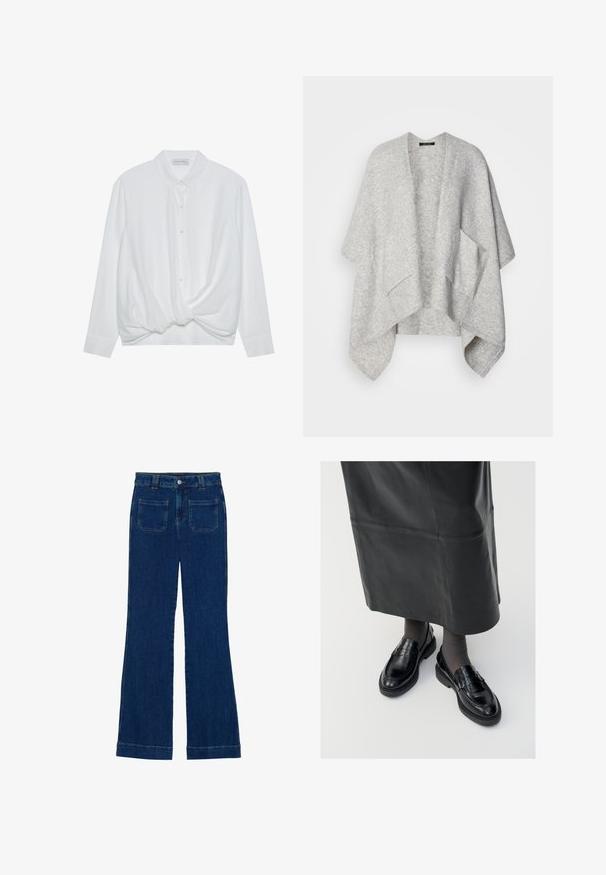 Világosszürke, nyitott mandzsettás kardigán, puha anyagból készült. Széles ujjak és két elülső zseb található rajta. Simaszövet és laza fazon jellemzi.; Fehér, hosszú ujjú ing gallérral, gombos elülső résszel és csavart csomóval az alján. Simasága mellett laza szabású.; Sötét kék, sima textúrájú, bővülő farmernadrág, öt zsebbel és gombos derékkal.; Fekete bőr loafer cipők sima felülettel, díszítő pánttal, kerek orral és texturált talppal. Hosszú fekete bőr szoknyával viselve.