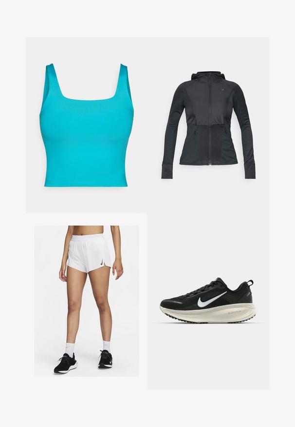 Svart idrettsjakke med glidelås foran, hette, teksturerte paneler og to sidelommer. Har en tettsittende design og kontrastsøm.; Turkis-farget tettsittende crop top med bred kvadratisk halsutskjæring, glatt tekstur, og uten synlige mønstre eller detaljer. Korte, brede stropper.; Hvite atletisk shorts med ribbet linning, sidespalter og en svart Nike-logo. Brukes med svarte joggesko og hvite ankelsokker.; Svart Nike løpesko med pustende mesh-overdel, hvit swoosh-logo, teksturert detaljer og en kremfarget ZoomX mellomsåle.