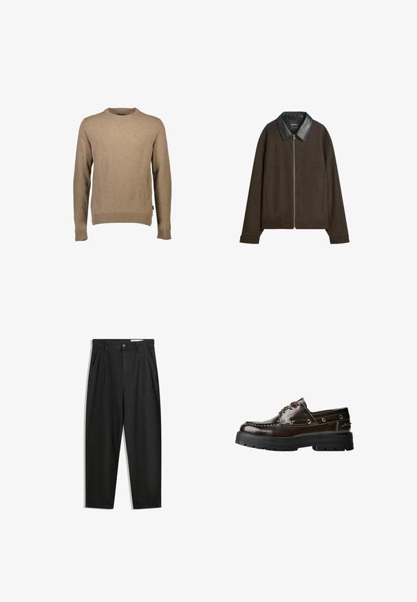 Brun jacka med krage i svart läder, med frontdragkedja och sidofickor. Tillverkad av mjukt tyg med en strukturerad design.; Beige sweatshirt med rund halsringning av mjukt material, långa ärmar och ribbade cuffs. Litet logotypdetalj på bröstet. Ren design.; Svarta bomullsshorts med avslappnad passform, med en klassisk midja, framveck och sidfickor. Slät textur utan mönster.; Brun läderskon i båtmodell med gummisula, prydd med stickningsdetaljer, metallöglor och snörningsdesign. Kraftig och lätt konstruktion.