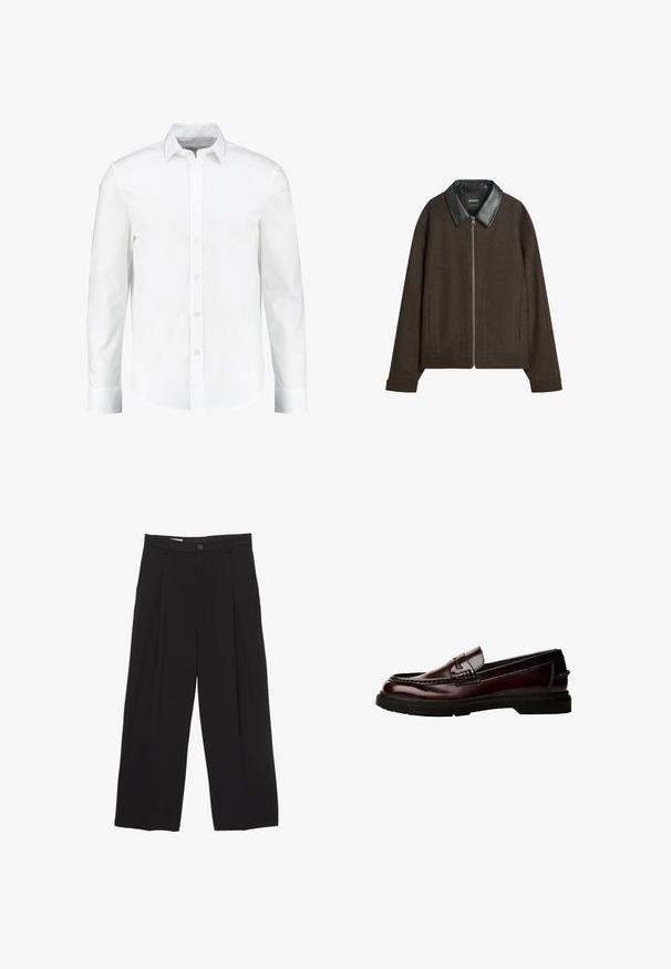 Smeđi kaput s crnim kožnim ovratnikom, s prednjim zatvaračem i bočnim džepovima. Izrađen od mekog materijala sa strukturiranim dizajnom.; Bijela košulja dugih rukava s dugim rukavima izrađena od glatkog pamuka. Ima klasični ovratnik i zatvaranje na gumbe s ravnim rubom.; Crne široke hlače od glatkog materijala, s ravnim pojasom, prednjim nabranim detaljima i zatvaranjem na jedan gumb.; Smeđe kožne mokasine s okruglim prstima, detaljnim šavovima i gumenim potplatom. Sadrže dekorativnu traku, glatku teksturu.