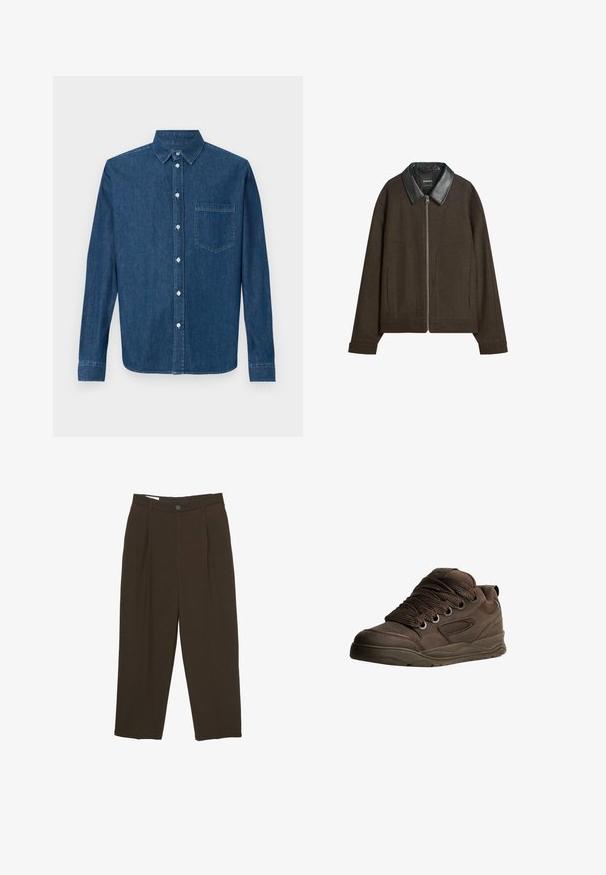 Ruskea takki mustalla nahkakauluksella, jossa on etuvetoketju ja sivutaskut. Valmistettu pehmeästä kankaasta, jossa on jämäkkä muotoilu.; Tumman sininen farkkupaita, jossa on pitkät hihat, napitus edessä, kaulus ja yksi rintatasku. Ominaisuuksiin kuuluu sileä rakenne ja normaali istuvuus.; Ruskea lyhythihainen t-paita, joka on valmistettu puuvillasta. T-paidassa on vasemmassa rintamuksessa vaaleanpunainen aurinkokuva ja "SOLAR"-teksti. Pyöreä kaula-aukko.; Tummanruskeat muotoonommellut housut, joissa on etupleikkaukset, vyölenkit ja nappikiinnitys vyötäröllä.; Ruskeat urheilukengät, jotka on valmistettu sileästä synteettisestä materiaalista. Varustettu paksuilla nauhoilla, verkko-akkenteilla, pehmustetulla nilkkasaumalla ja teksturoidulla kumipohjalla.