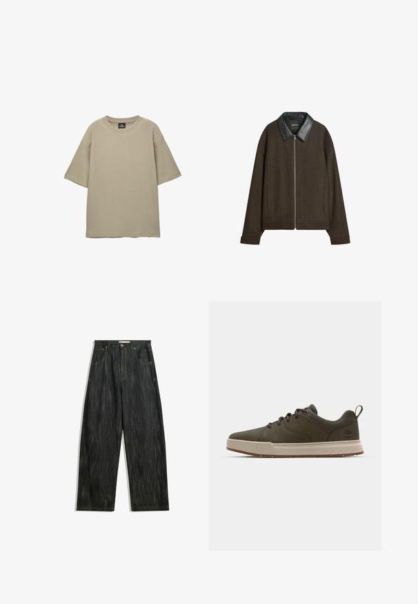 Hnedá bunda s čiernym koženým golierom, so zapínaním na prednej strane a bočnými vreckami. Vyrobená z mäkkej tkaniny so štruktúrovaným dizajnom.; Béžové tričko s krátkym rukávom vyrobené z texturovanej tkaniny. Má okrúhly výstrih a voľný, uvoľnený strih bez viditeľných vzorov alebo akcentov.; Tmavé džíny s voľným strihom, so subtílnou vertikálnou textúrou, žltým prešívaním, piatimi vreckami a klasickým zapínaním na gombík.; Tmavo zelené tenisky s hladkým zvrškom, svetlo béžovou medzipodrážkou a gumovou podrážkou. Majú zaoblenú špičku a minimálne brandovanie na päte.