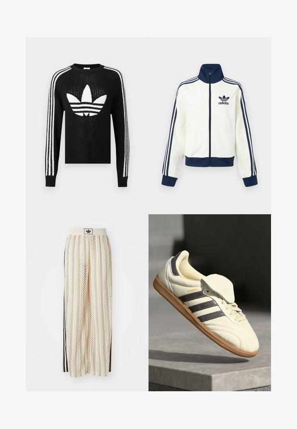 Casaco desportivo branco com gola e punhos azul-marinho, apresenta três riscas azul-marinho ao longo de cada braço e uma textura em relevo nas mangas.; Sweater de malha preto com um logótipo trefoil branco da Adidas e três riscas brancas em cada manga. Tecido texturizado com ligeiro brilho.; Calças largas de cor creme com um padrão em zigzag, apresentando uma cintura com logotipo preto e riscas laterais pretas. Tecido leve e texturizado.; Sneaker de couro creme com três riscas escuras, sola de borracha castanha e bico arredondado. Apresenta uma língua dobrável rotulada como "SAMBA."