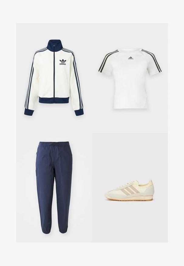 Bílá sportovní bunda s tmavě modrým límcem a manžetami, s třemi tmavě modrými pruhy na každém rukávu a reliéfní strukturou na rukávech.; Bílý sportovní triko s krátkým rukávem, s černým třemi pruhy na ramenou, hladkou texturou a malým černým logem adidas na hrudi.; Námořnické modré joggingové kalhoty vyrobené z lehkého materiálu, s elastickým pasem, stahovací šňůrkou a dvěma předními kapsami. Elastické manžety na kotnících.; Krémové sportovní tenisky s třemi béžovými pruhy, z velurové a textilní materiály, s texturovanou podrážkou a embosovaným logem na patě.