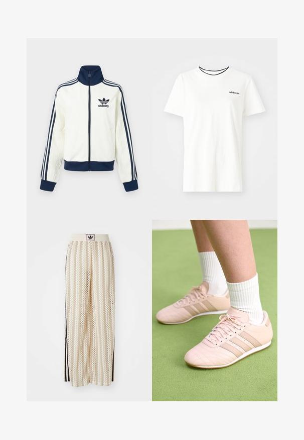 Hvit atletisk jakke med marineblå krage og mansjetter, med tre marineblå striper langs hver arm og en preget tekstur på ermene.; Hvit bomull t-skjorte med korte ermer og rund hals. Har en svart Adidas-logo på brystet og en kontrasterende svart indre krage.; Kremfargede bukser med brede ben og zigzag-mønster, med en svart logo-linning og svarte striper på siden. Lett, teksturert stoff.; Lys rosa treningssko med skrå sømmer, hvite såler og tre laterale striper. Brukt med rillede hvite sokker på grønn overflate.