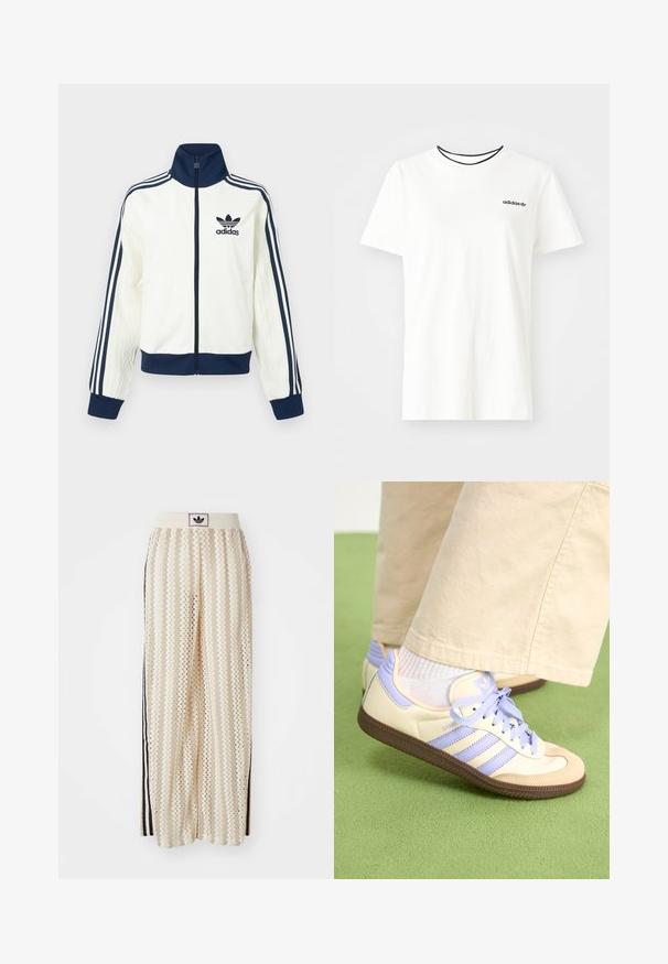 Casaco desportivo branco com gola e punhos azul-marinho, apresenta três riscas azul-marinho ao longo de cada braço e uma textura em relevo nas mangas.; T-shirt de algodão branca com mangas curtas e decote redondo. Apresenta um logo preto da Adidas no peito e uma gola interna preta em contraste.; Calças largas de cor creme com um padrão em zigzag, apresentando uma cintura com logotipo preto e riscas laterais pretas. Tecido leve e texturizado.; Sapatilhas em creme e lavanda com três riscas e uma sola castanha texturizada, apresentando atacadores e um calcanhar almofadado. Parte superior em tecido suave.