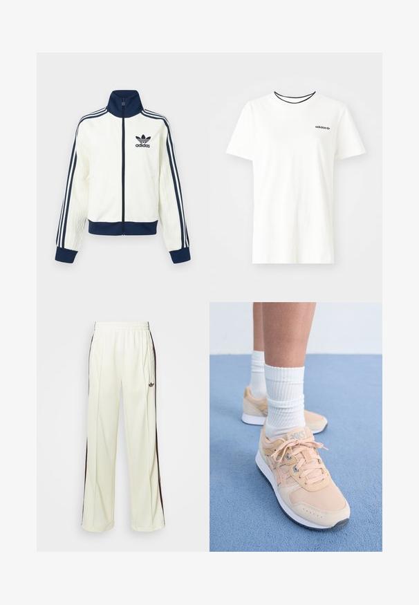 White athletic jacket with a navy collar and cuffs, features three navy stripes along each arm, and an embossed texture on the sleeves.; White cotton t-shirt with short sleeves and a round neckline. Features a black Adidas logo on the chest and a contrasting black inner collar.; Cream-colored sweatpants with a relaxed fit, featuring dark brown side stripes and an embroidered logo on the left thigh.; Light peach athletic shoes with textile upper, white rubber sole, and lace-up design. Paired with ribbed white socks and set on a blue surface.
